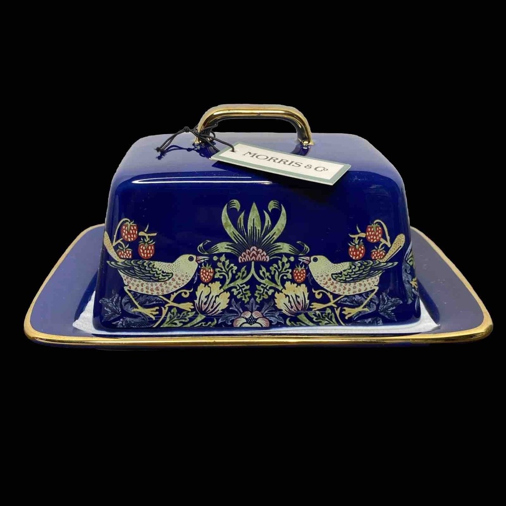 NWT William Morris & Co Strawberry Thief Butter Dish Blue with Gold Trim